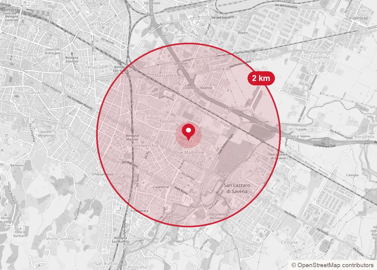 Mappa di Bologna con un cerchio di 2 km attorno al locale in Viale Abramo Lincoln: la zona di consegna